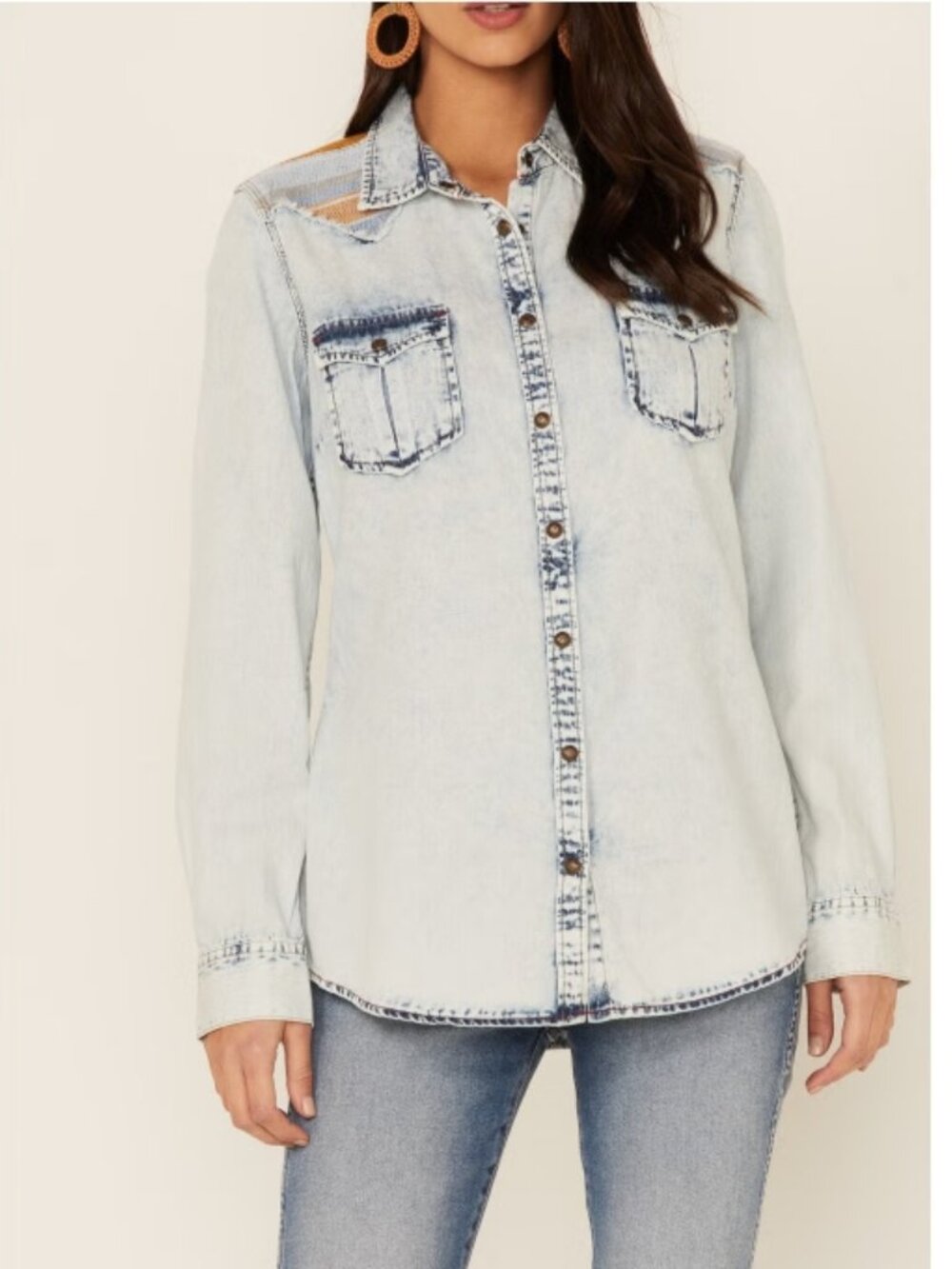 Like New! RRR Denim Snap Button Shirt Embroidered Cotton/Linen Long Sleeve  XL
